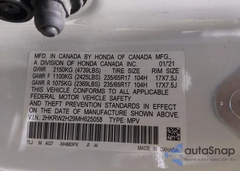 2021 Honda Cr-V Awd Lx from USA, damaged, VIN 2HKRW2H29MH625058